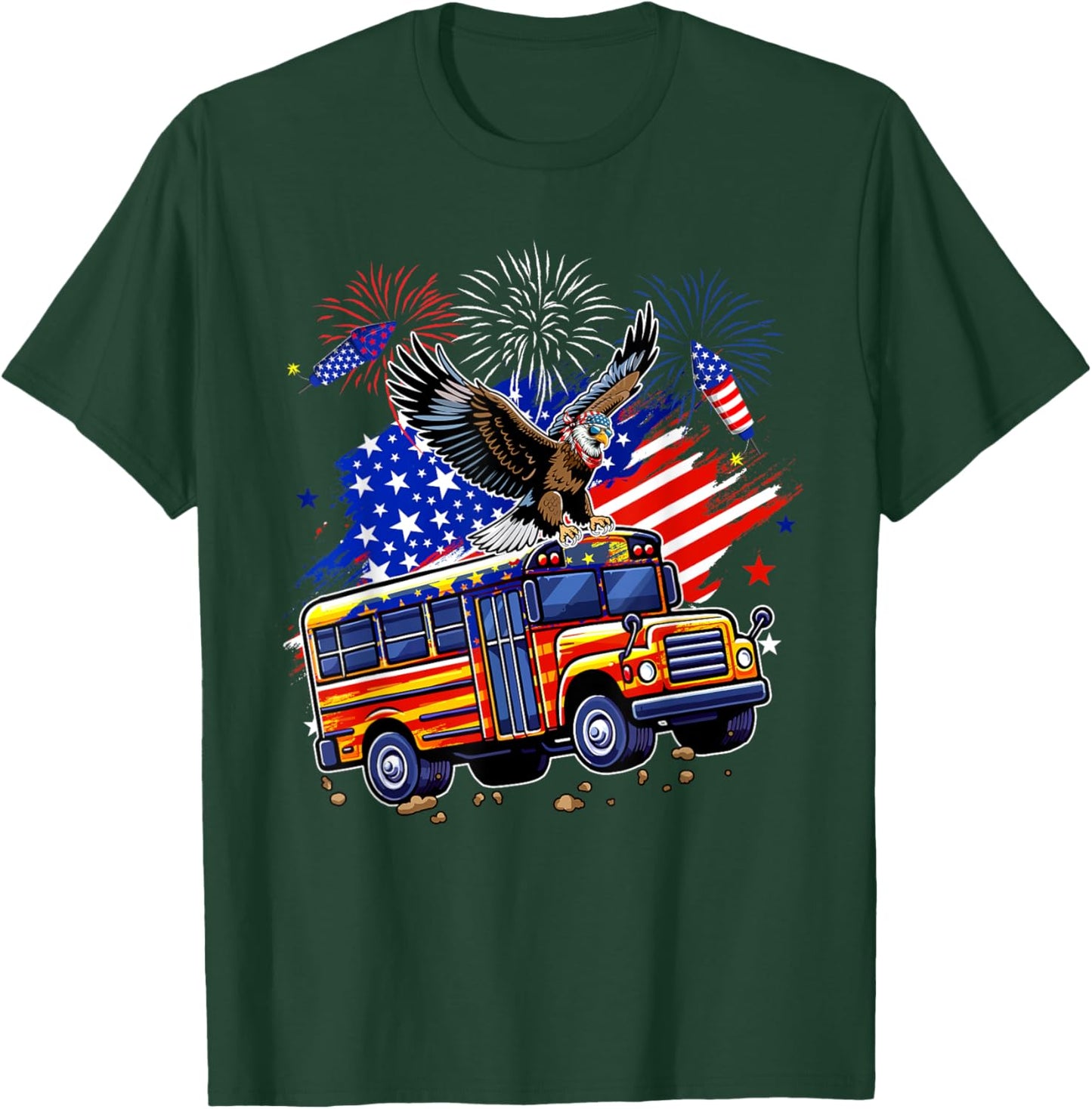 Eagle Sunglasses 4th July US Flag School Bus Driver Lover T-Shirt - T-Shirt | Forest