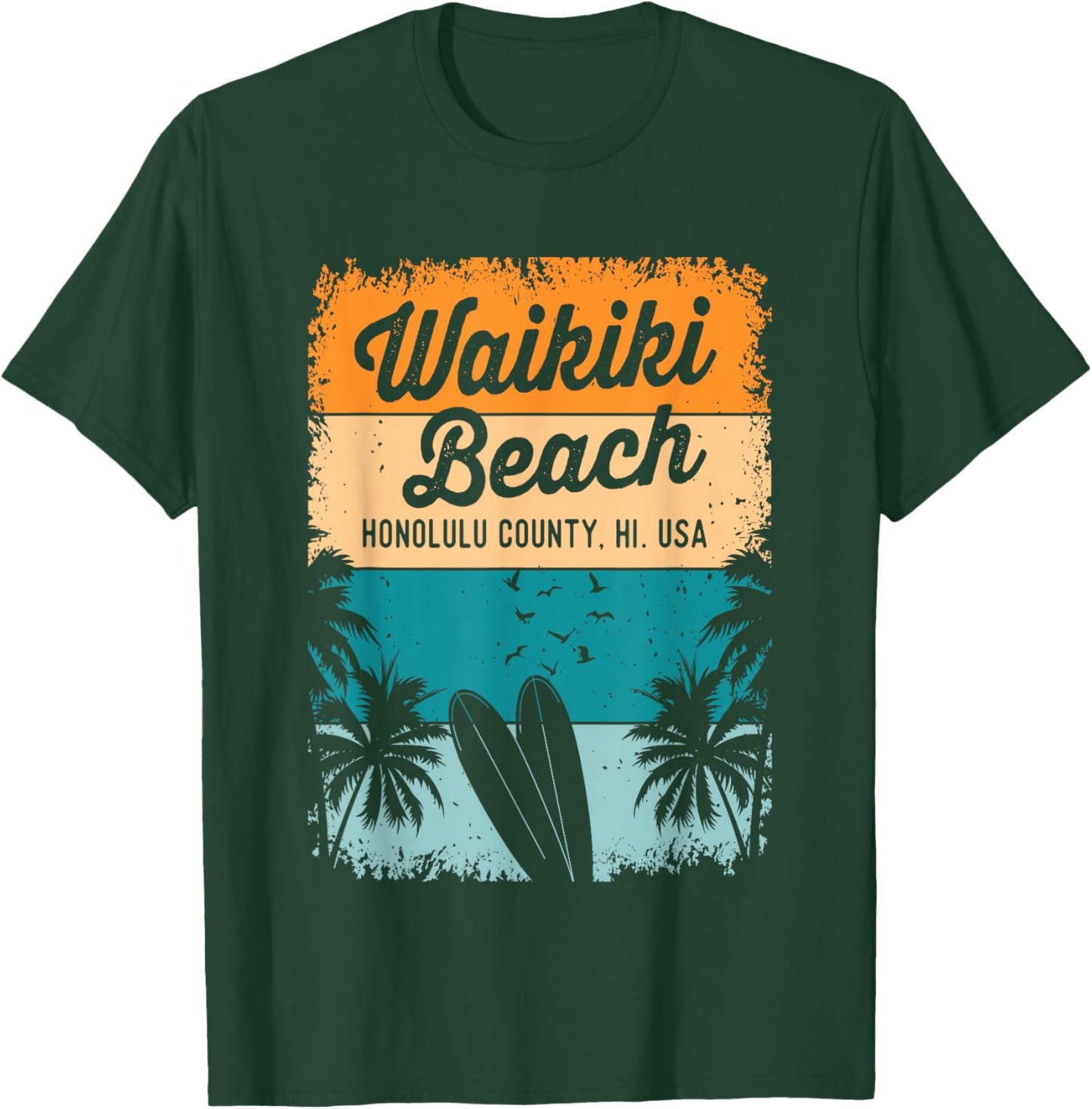 Retro Waikiki Beach Gifts Souvenir Men Women Honolulu Hawaii T-Shirt - T-Shirt | Forest
