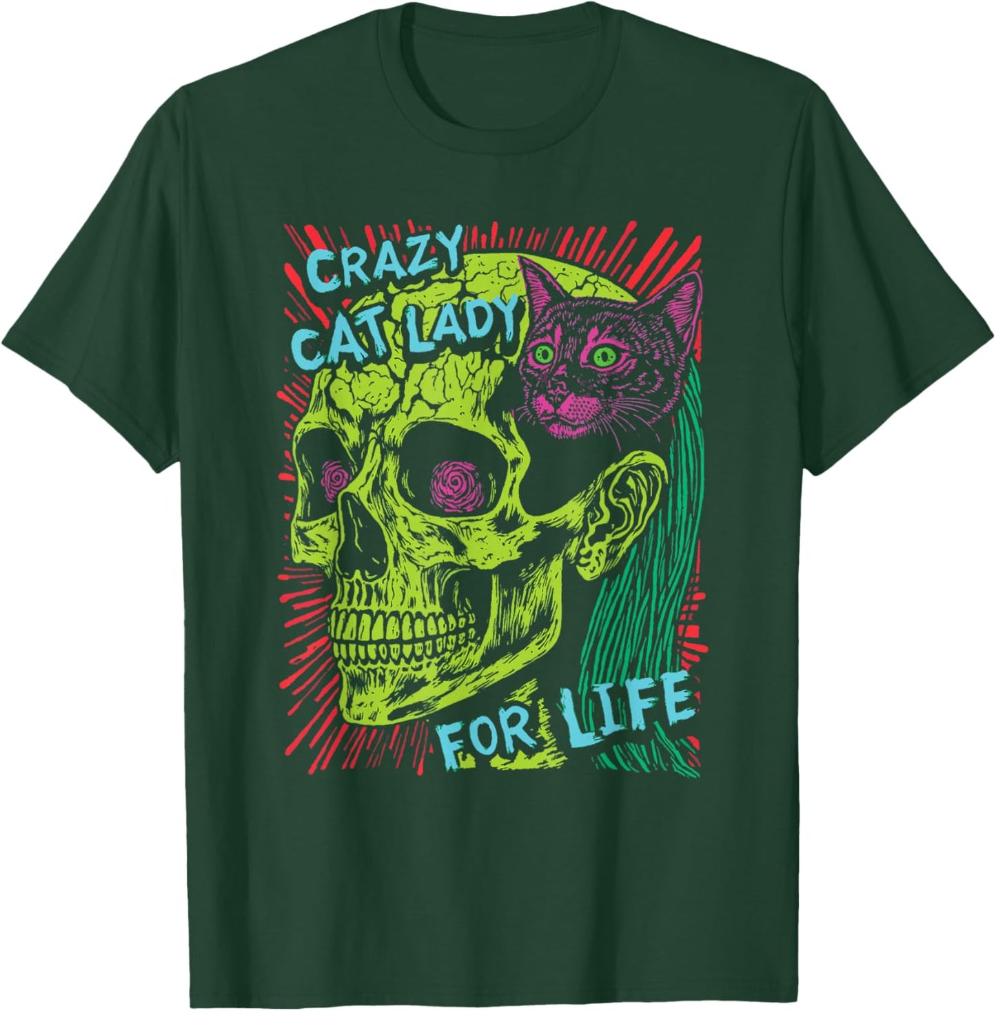 Crazy Cat Lady For Life Goth Punk Grunge Cat With Skull T-Shirt - T-Shirt | Forest