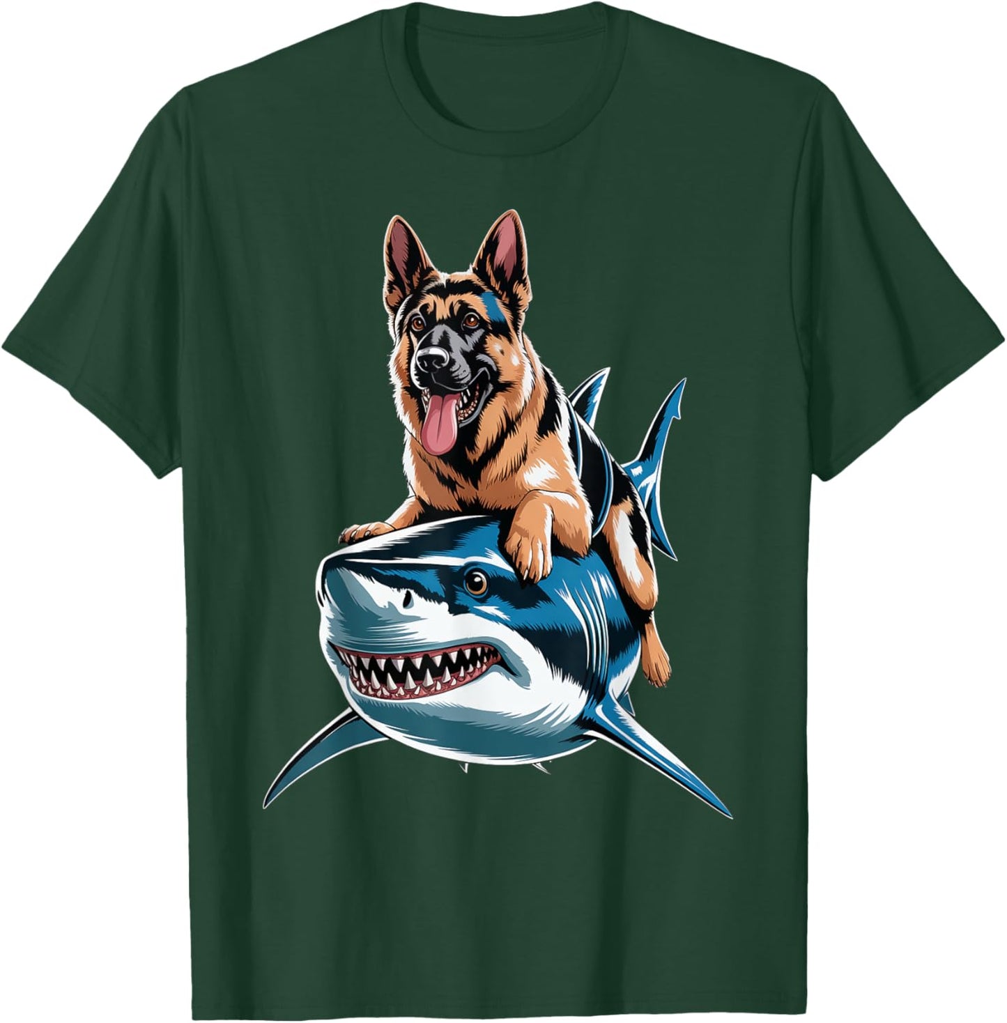 Funny German Shepherd Riding Shark T-Shirt - T-Shirt | Forest