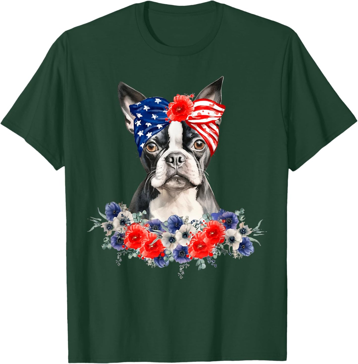 Boston Terrier Dog Bandana American Flag 4th Of July T-Shirt - T-Shirt | Forest