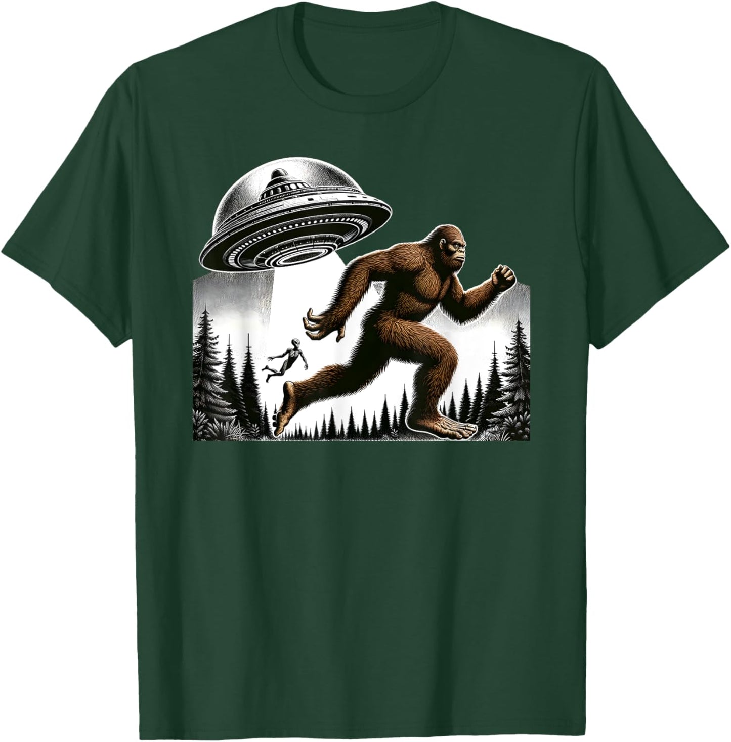 Bigfoot Sasquatch Running From Aliens In a UFO In Forest T-Shirt - T-Shirt | Forest