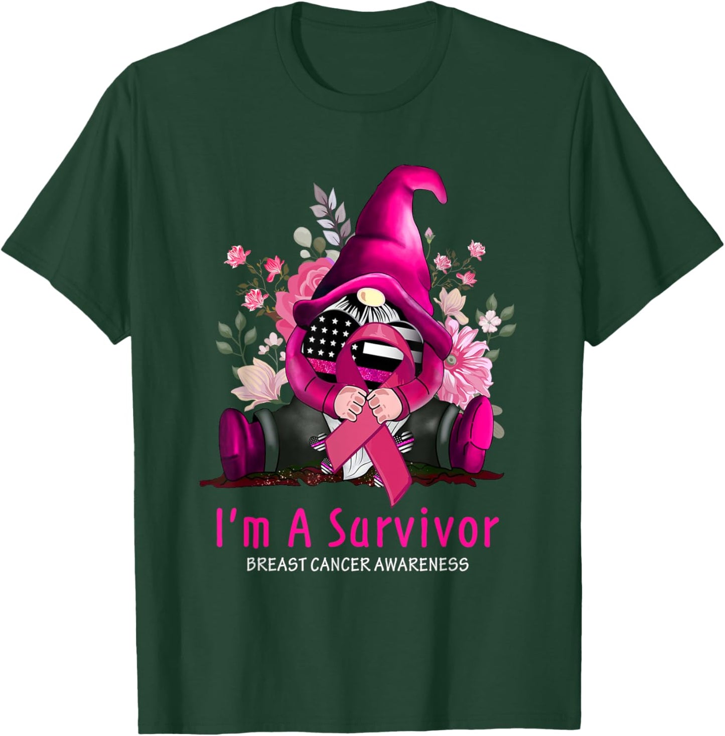 I’m A Survivor Gnome Pink Ribbon Breast Cancer Awareness T-Shirt - T-Shirt | Forest