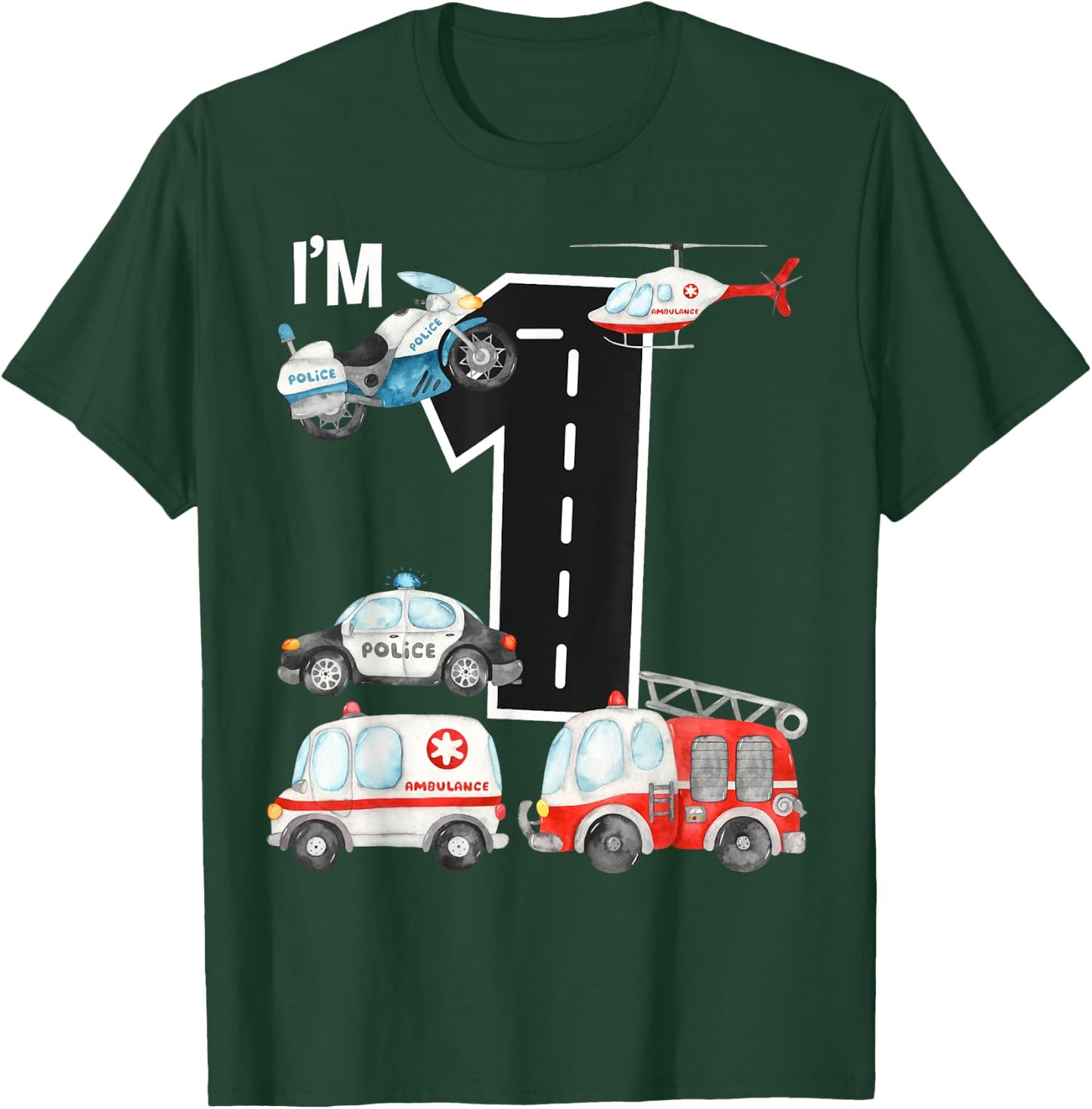 Emergency Vehicles 1st Birthday Fire Truck Police Car Boys T-Shirt - T-Shirt | Forest