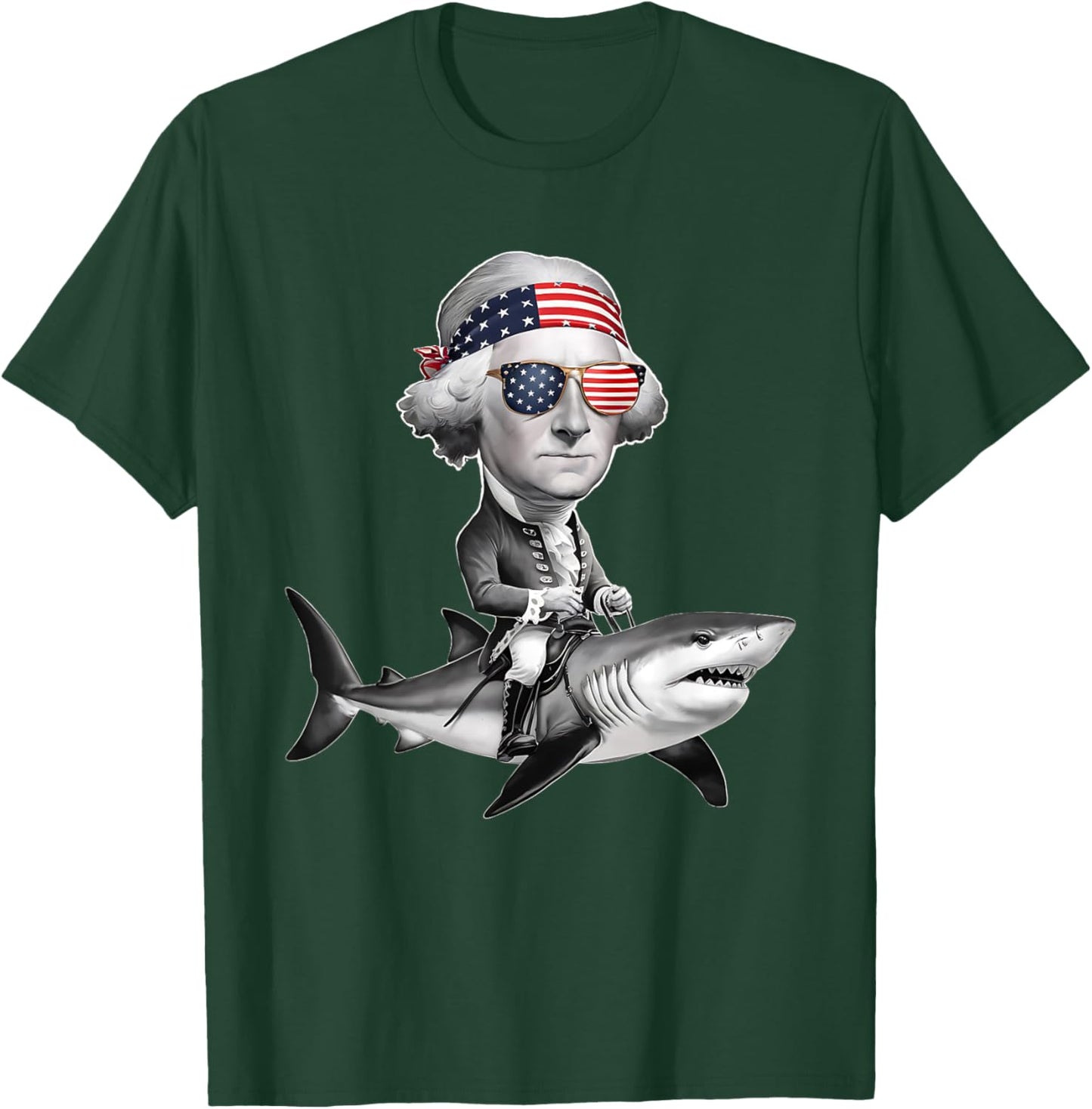Funny George Washington Riding Shark 4th of July USA Flag Women Kids Men T-Shirt - T-Shirt | Forest
