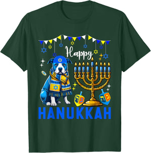 Happy Hanukkah Pit Bull Menorah Dreidel Dog Owner Lover T-Shirt - T-Shirt | Forest