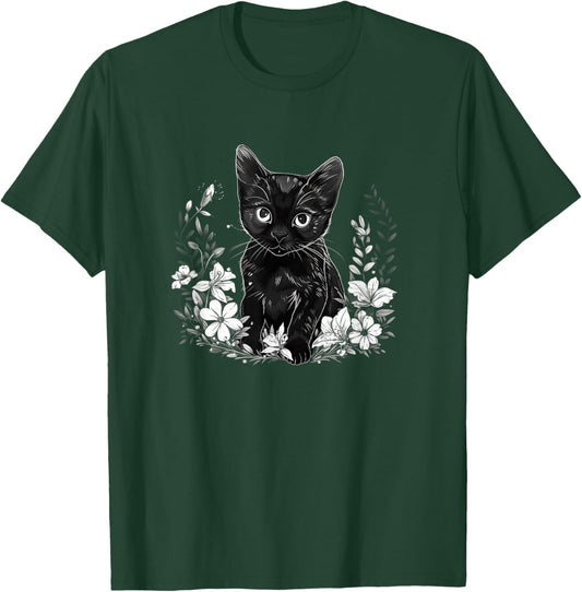Cottagecore Black Cat with Flowers T-Shirt - T-Shirt | Forest