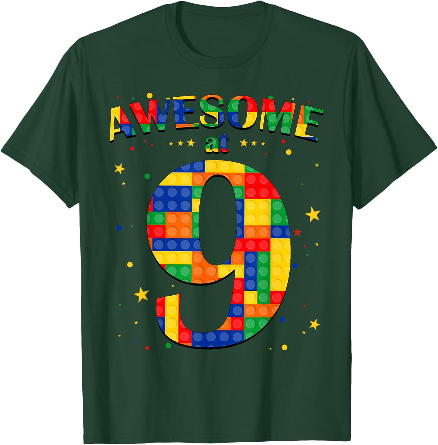 Building Blocks Bricks Awesome at 9 Years Old Birthday Boy T-Shirt - T-Shirt | Forest