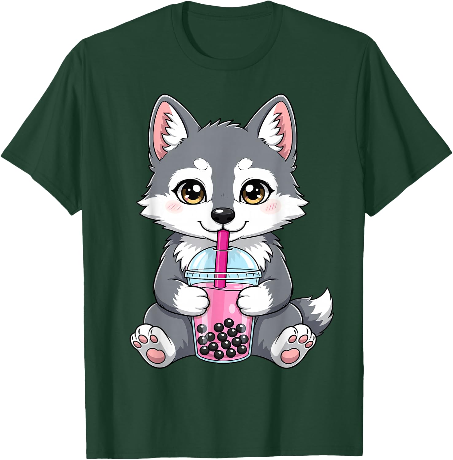 Wolf with Boba Bubble Tea Cute Kawaii T-Shirt - T-Shirt | Forest