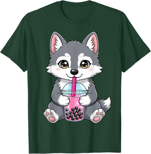 Wolf with Boba Bubble Tea Cute Kawaii T-Shirt - T-Shirt | Forest