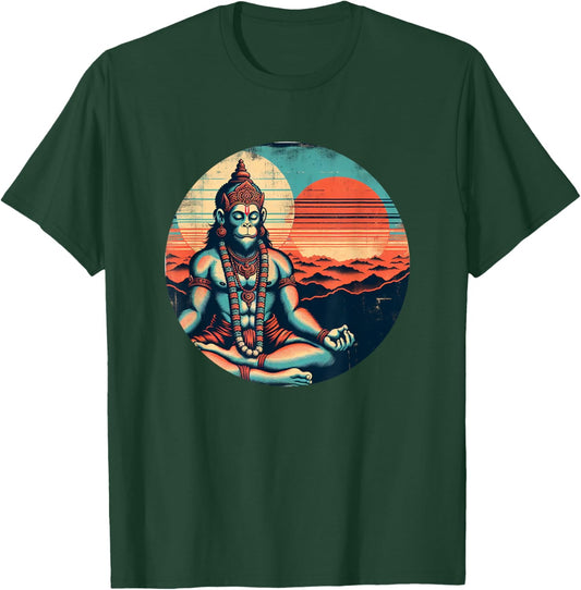 Meditating Hanuman Vintage Sunset Empowering Yoga Meditation T-Shirt - T-Shirt | Forest