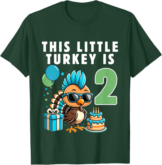 Kids This Little Turkey is 2, Boys 2nd Birthday Kids Thanksgiving T-Shirt - T-Shirt | Forest