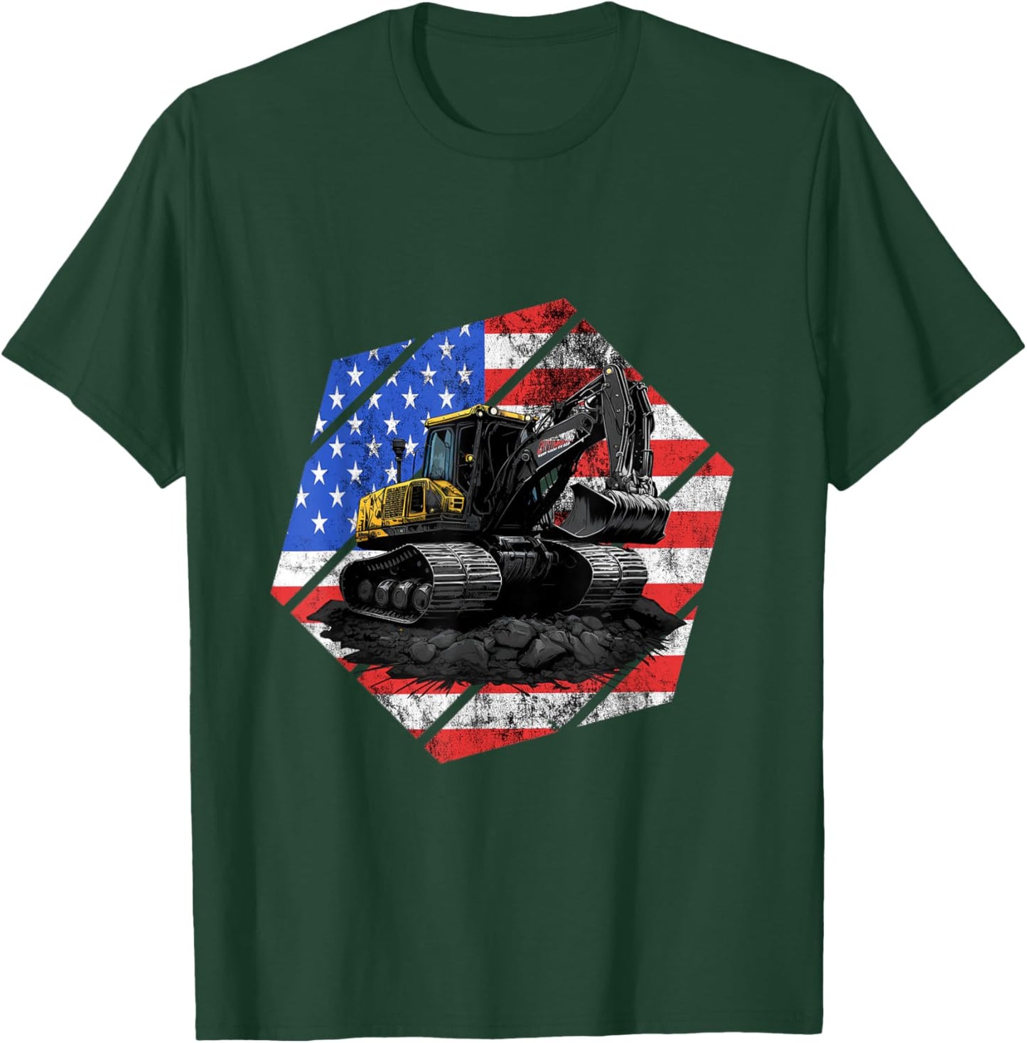 Vintage Excavator Backhoe USA Flag Construction Truck T-Shirt - T-Shirt | Forest