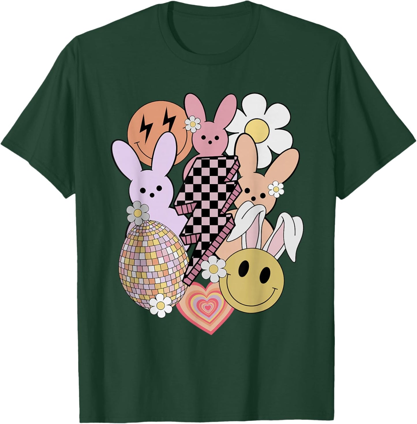 Retro Groovy Easter Vibes Smile Face Rabbit Bunny Women Girl T-Shirt - T-Shirt | Forest