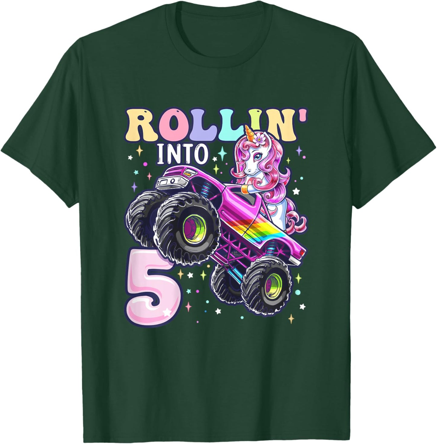 Unicorn Monster Truck 5th Birthday 5 Year Old Girls Party T-Shirt - T-Shirt | Forest