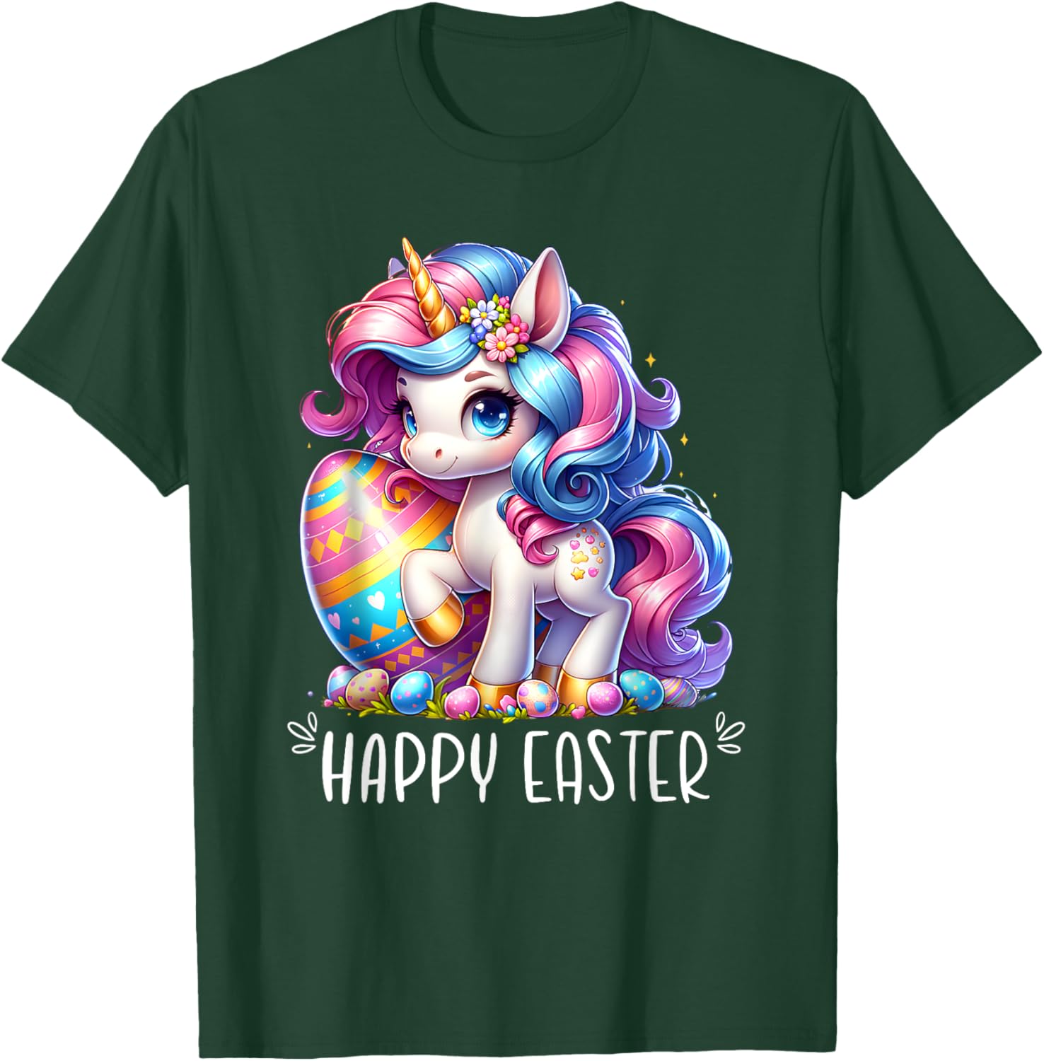 Unicorn Happy Easter Day Bunny Rainbow Egg Girls Kids T-Shirt - T-Shirt | Forest