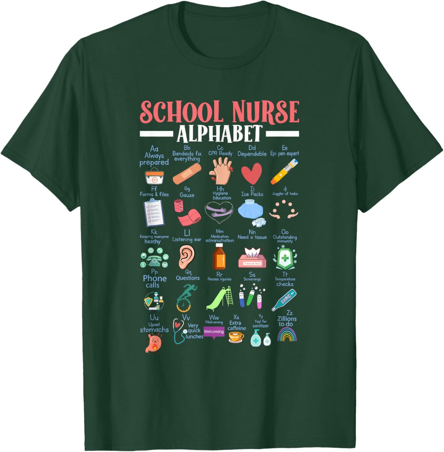 ABC School Nurse Alphabet Student Teacher Health Worker T-Shirt - T-Shirt | Forest
