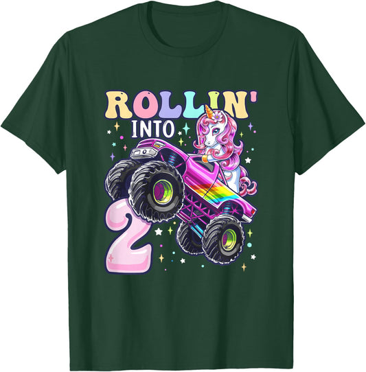 Unicorn Monster Truck 2nd Birthday 2 Year Old Girls Party T-Shirt - T-Shirt | Forest