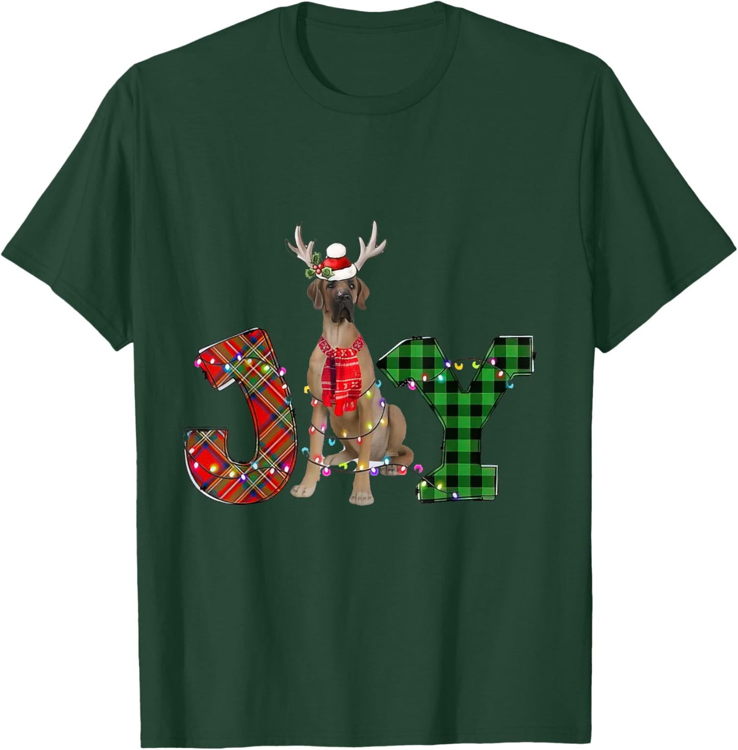 Joy Christmas Lights Fawn Great Dane Dog Santa Hat Pajama T-Shirt - T-Shirt | Forest