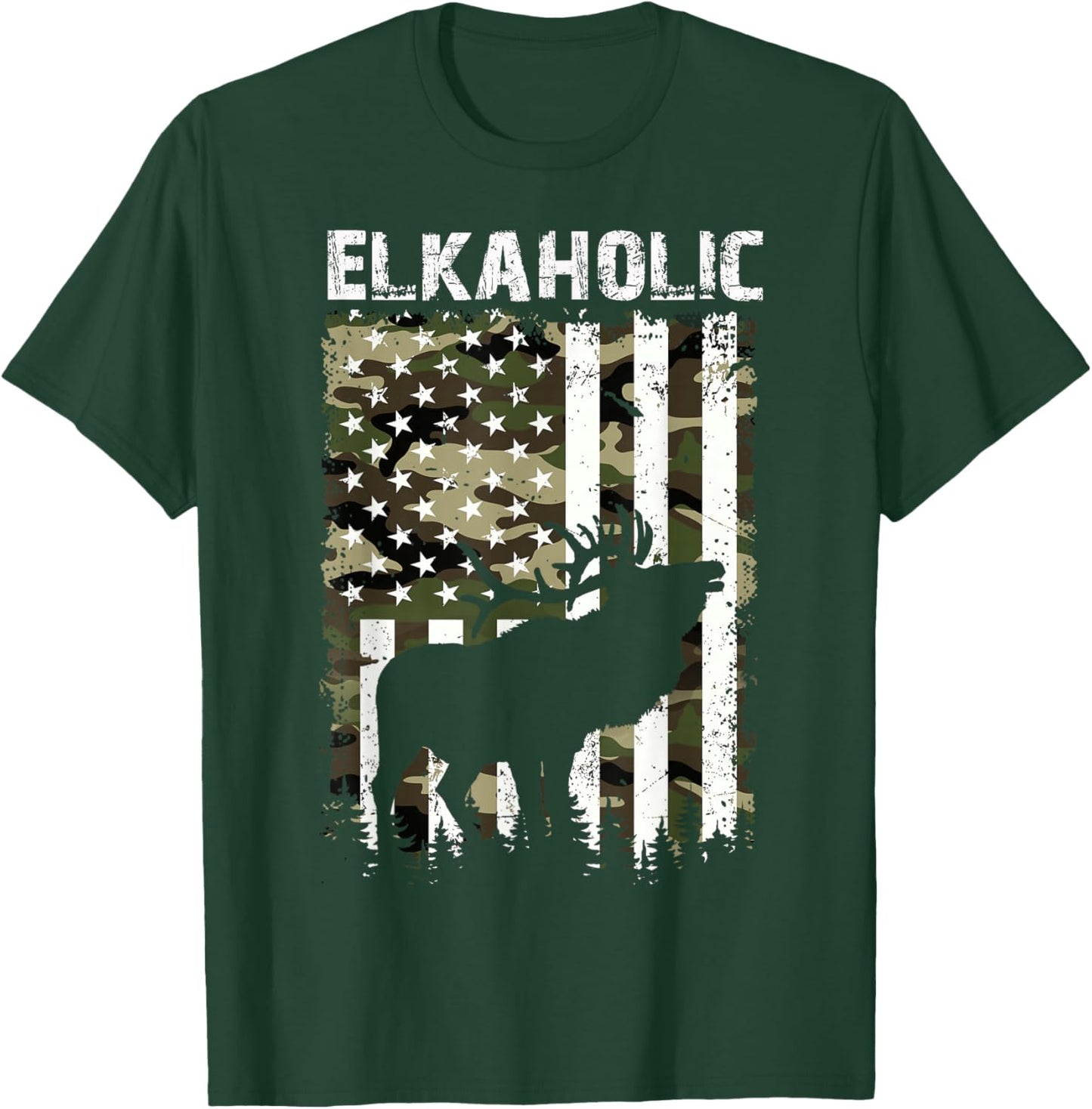 Elk Hunting Elkaholic Hunters Funny US Flag Hunting Lovers T-Shirt - T-Shirt | Forest