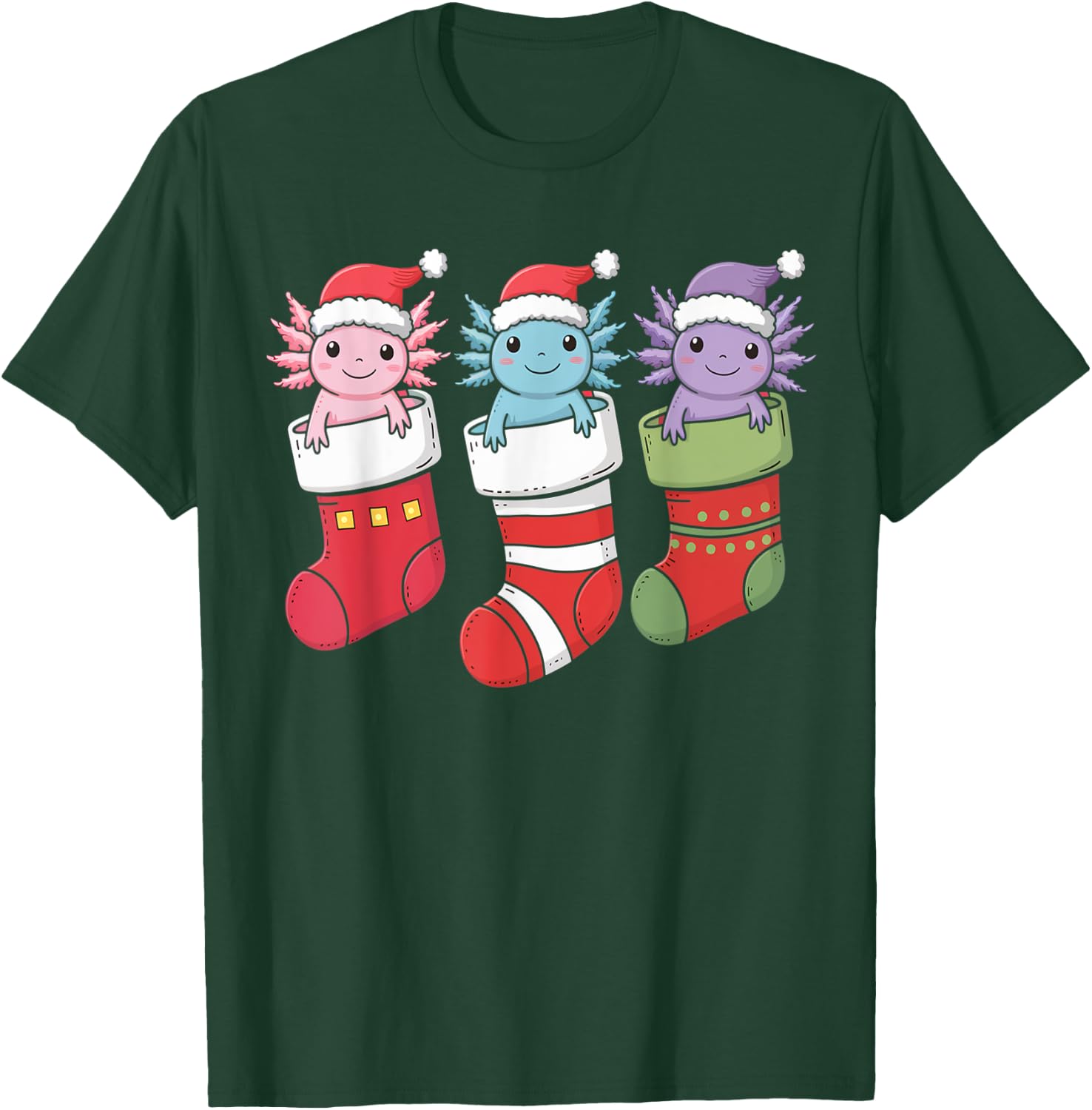 Axolotl Stocking Santa Hat Christmas Kawaii Holiday Xmas T-Shirt - T-Shirt | Forest