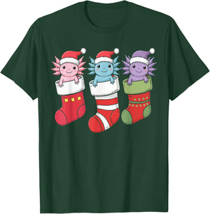 Axolotl Stocking Santa Hat Christmas Kawaii Holiday Xmas T-Shirt - T-Shirt | Forest