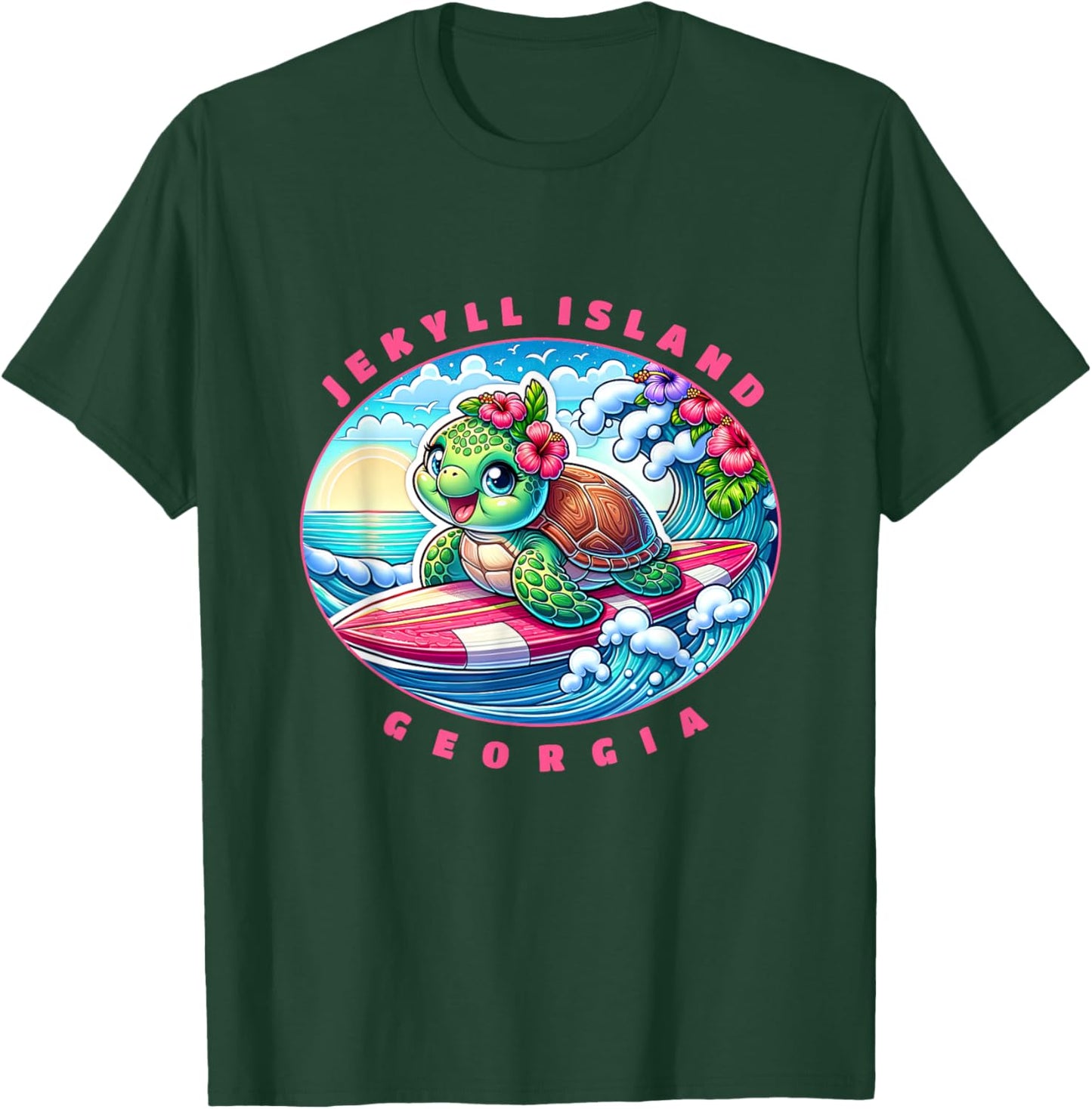 Jekyll Island Georgia Girls Cute Surfing Sea Turtle T-Shirt - T-Shirt | Forest