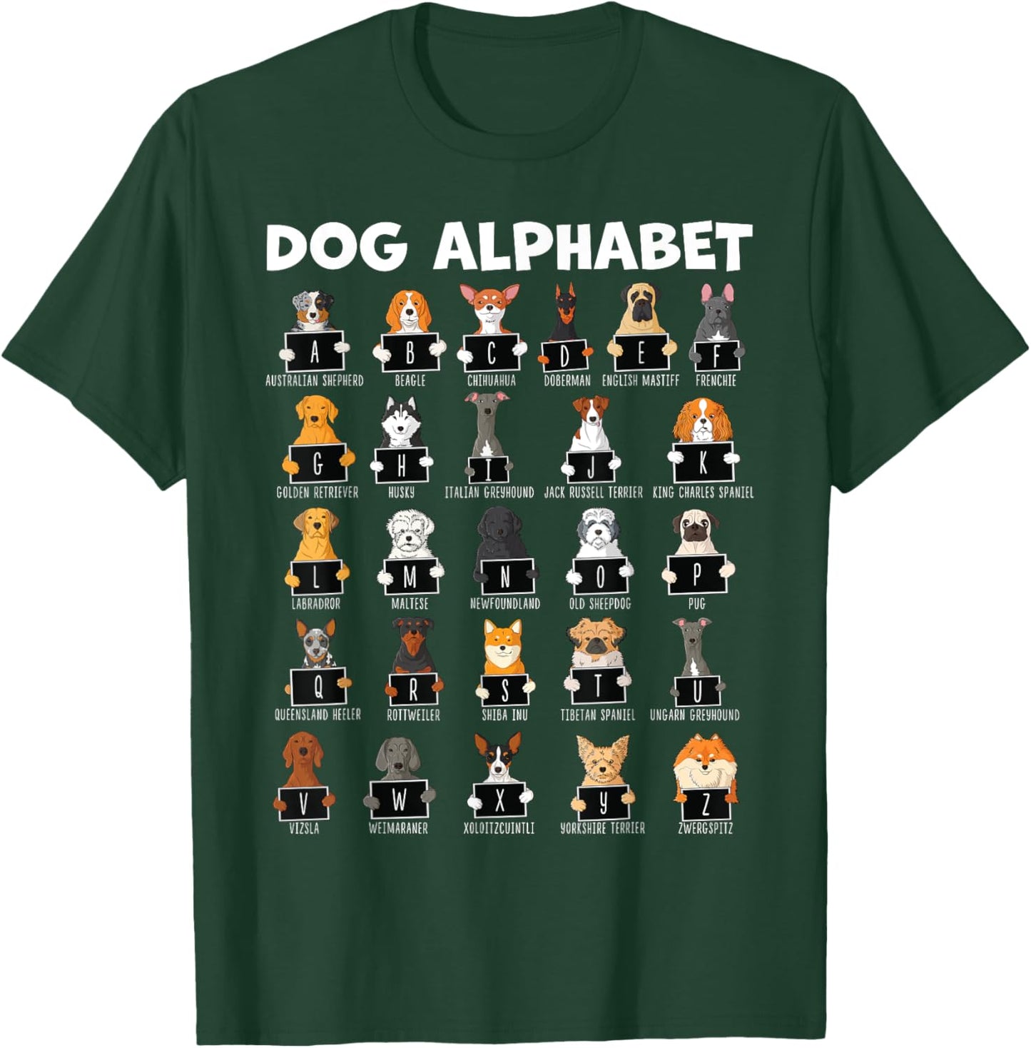 Types Of Dogs Alphabet A-Z ABC Dog Identification Women Girls Kids T-Shirt - T-Shirt | Forest