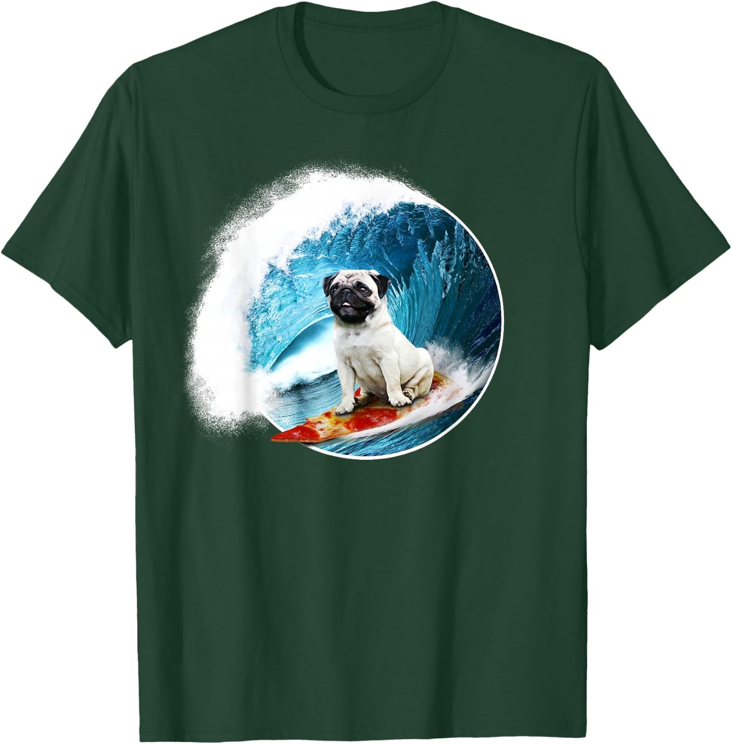 Funny Pug - Surfing Pug riding a ocean Wave on a Pizza T-Shirt - T-Shirt | Forest