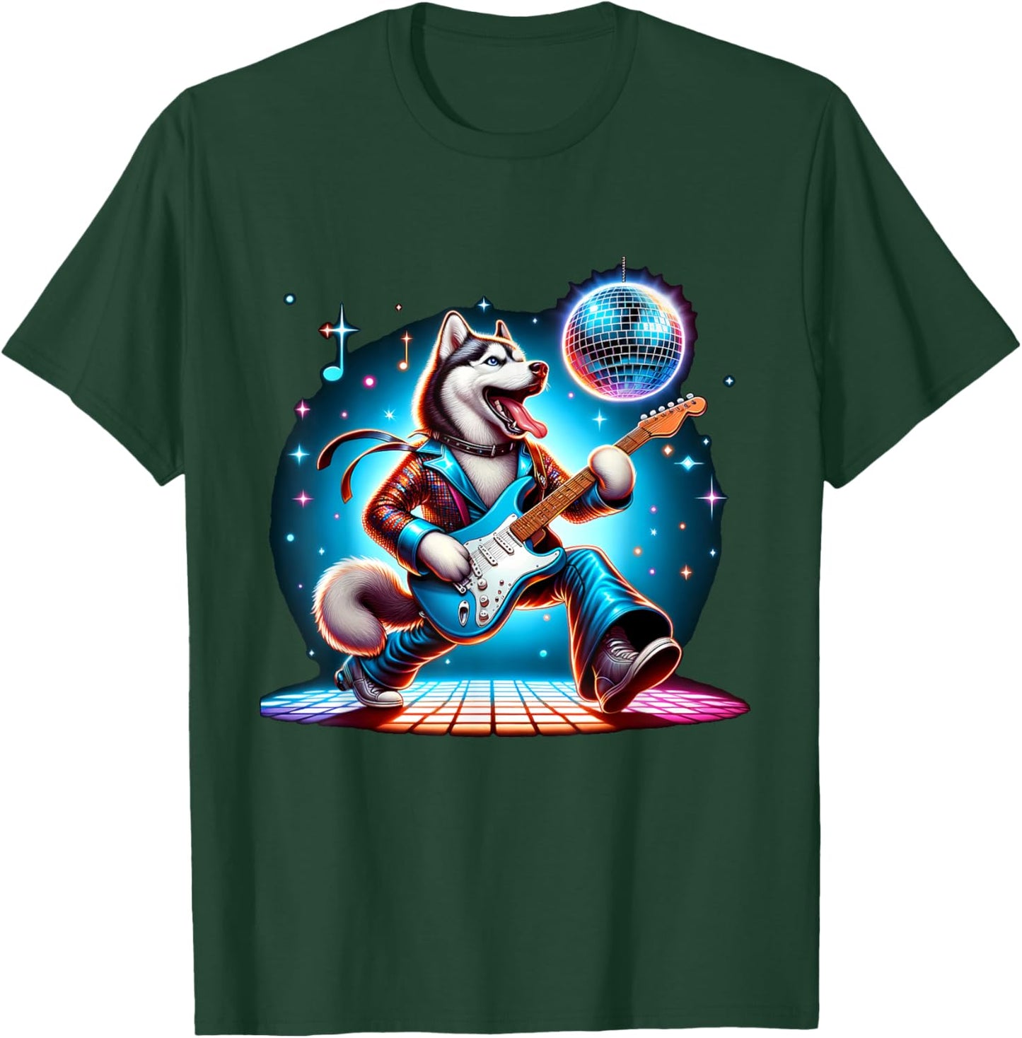 Disco Ball Guitar Husky Dog Men Women Kids T-Shirt - T-Shirt | Forest