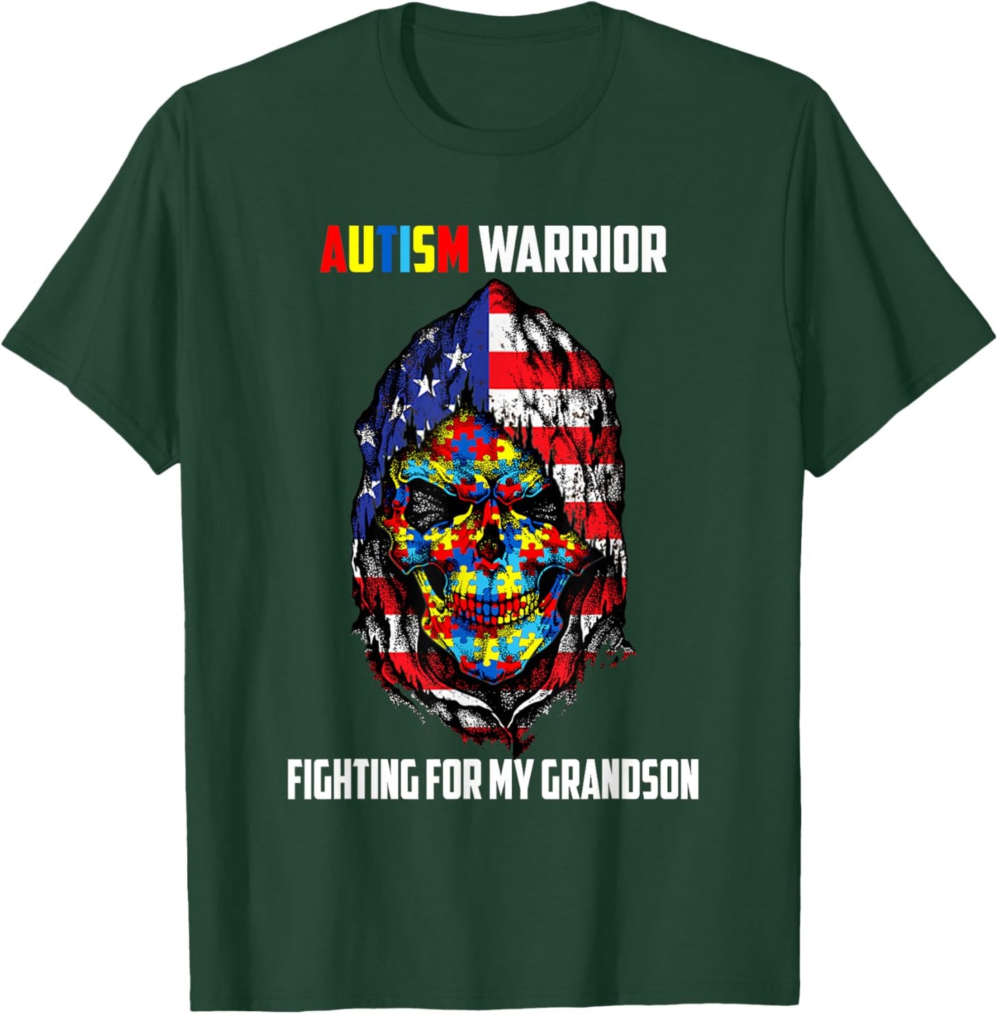 Autism Warrior Fighting For My Grandson Skull American Flag Women Men T-Shirt - T-Shirt | Forest