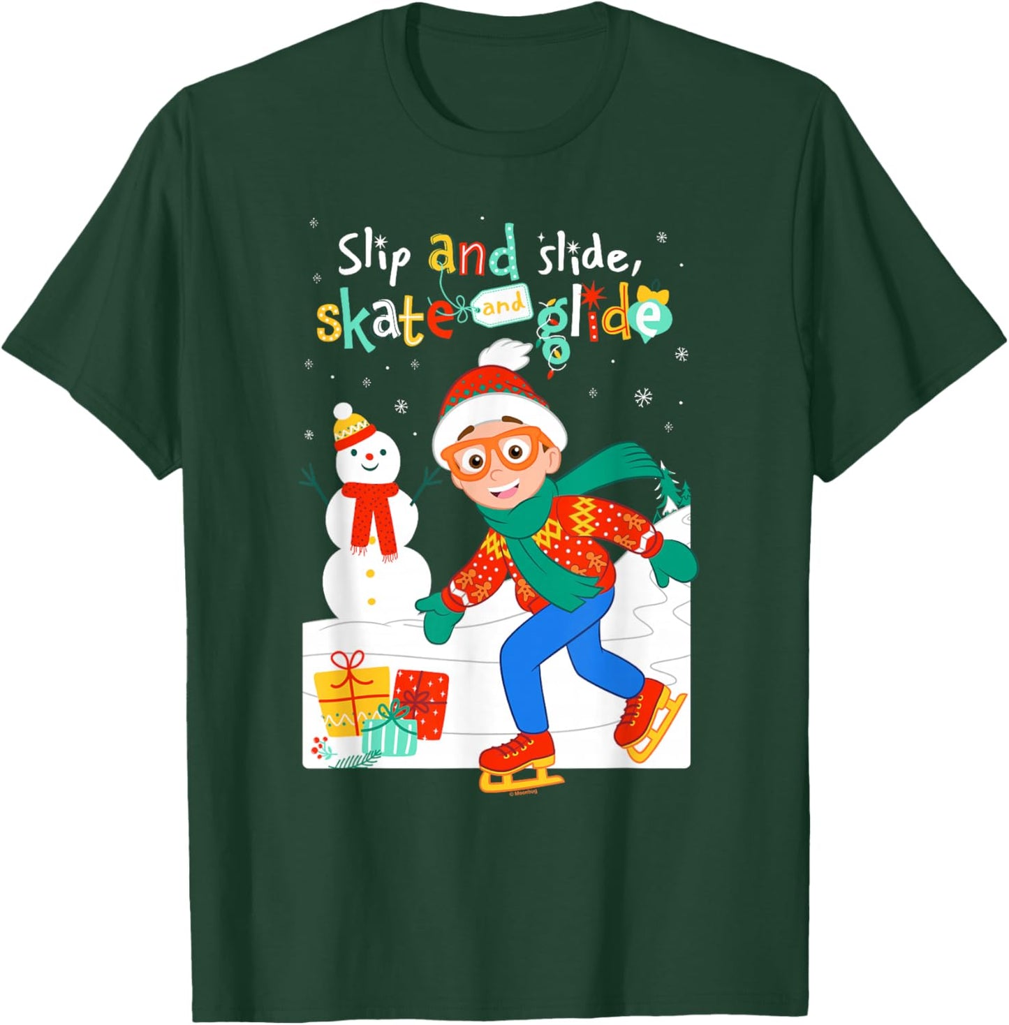 Blippi Christmas Slip Slide Skate Glide T-Shirt - T-Shirt | Forest