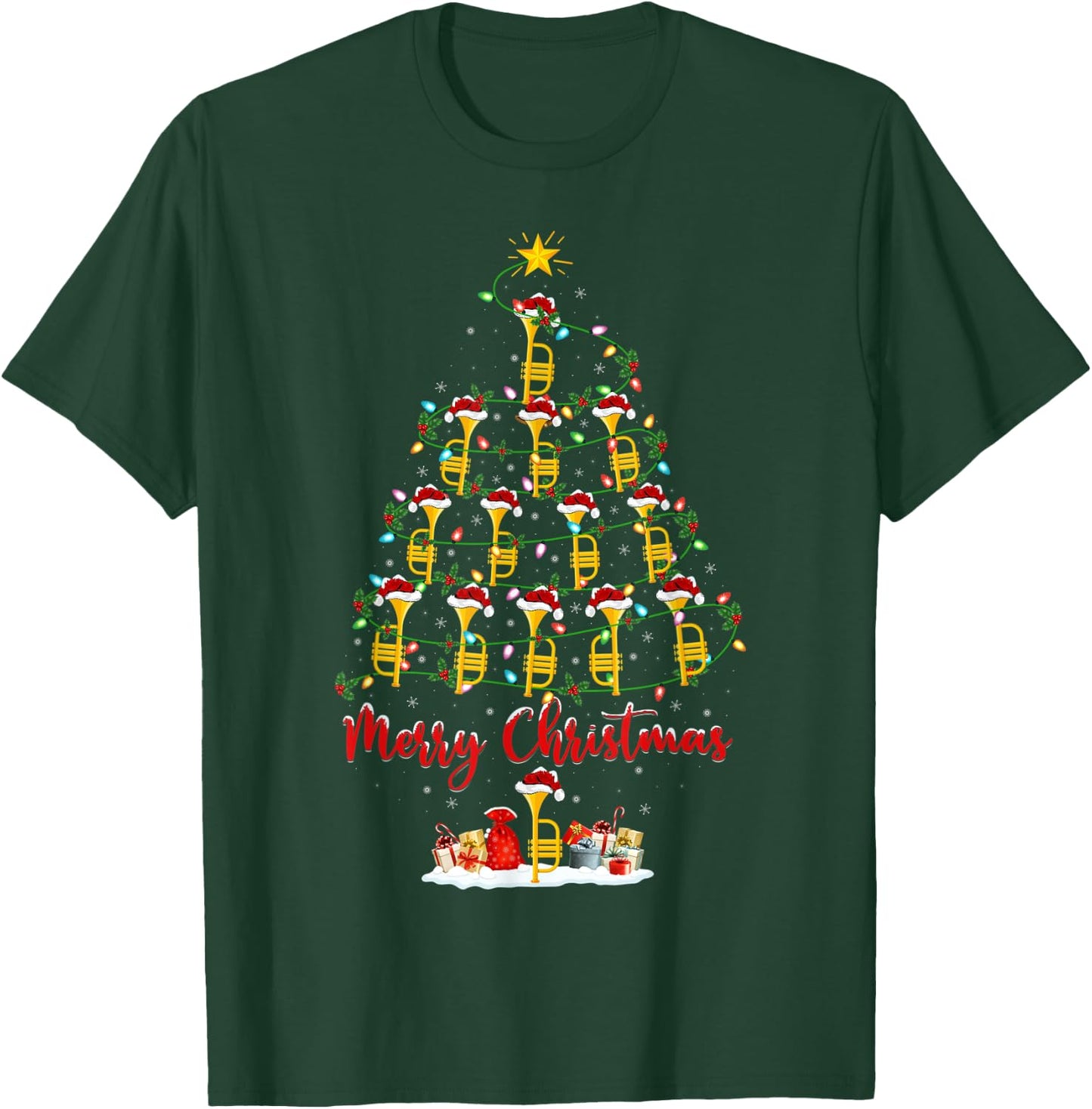 Trumpet Christmas Tree Lights Funny Trumpet Xmas T-Shirt - T-Shirt | Forest