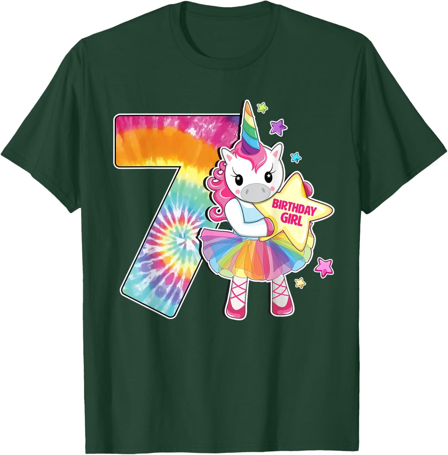7th Birthday Unicorn Shirt Gift Girls Age 7 Tie Dye T-Shirt - T-Shirt | Forest