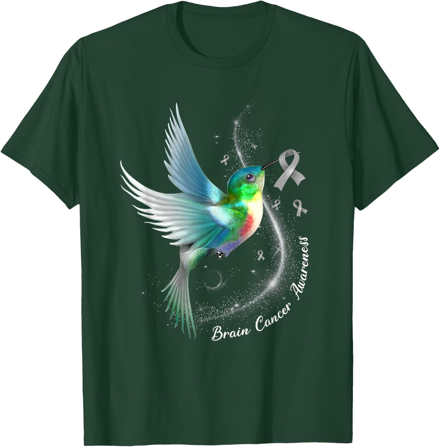 Grey Ribbon Hummingbird Brain Cancer Awareness Month T-Shirt - T-Shirt | Forest
