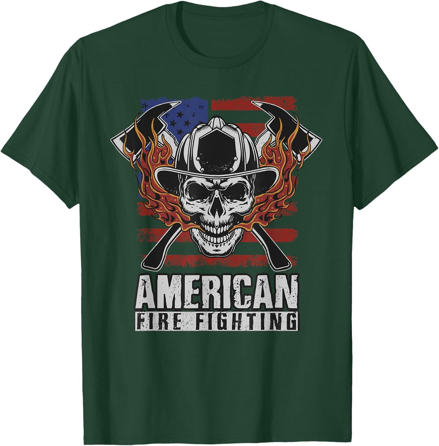 Funny Firefighter Gift Patriotic American Flag Fireman Skull T-Shirt - T-Shirt | Forest