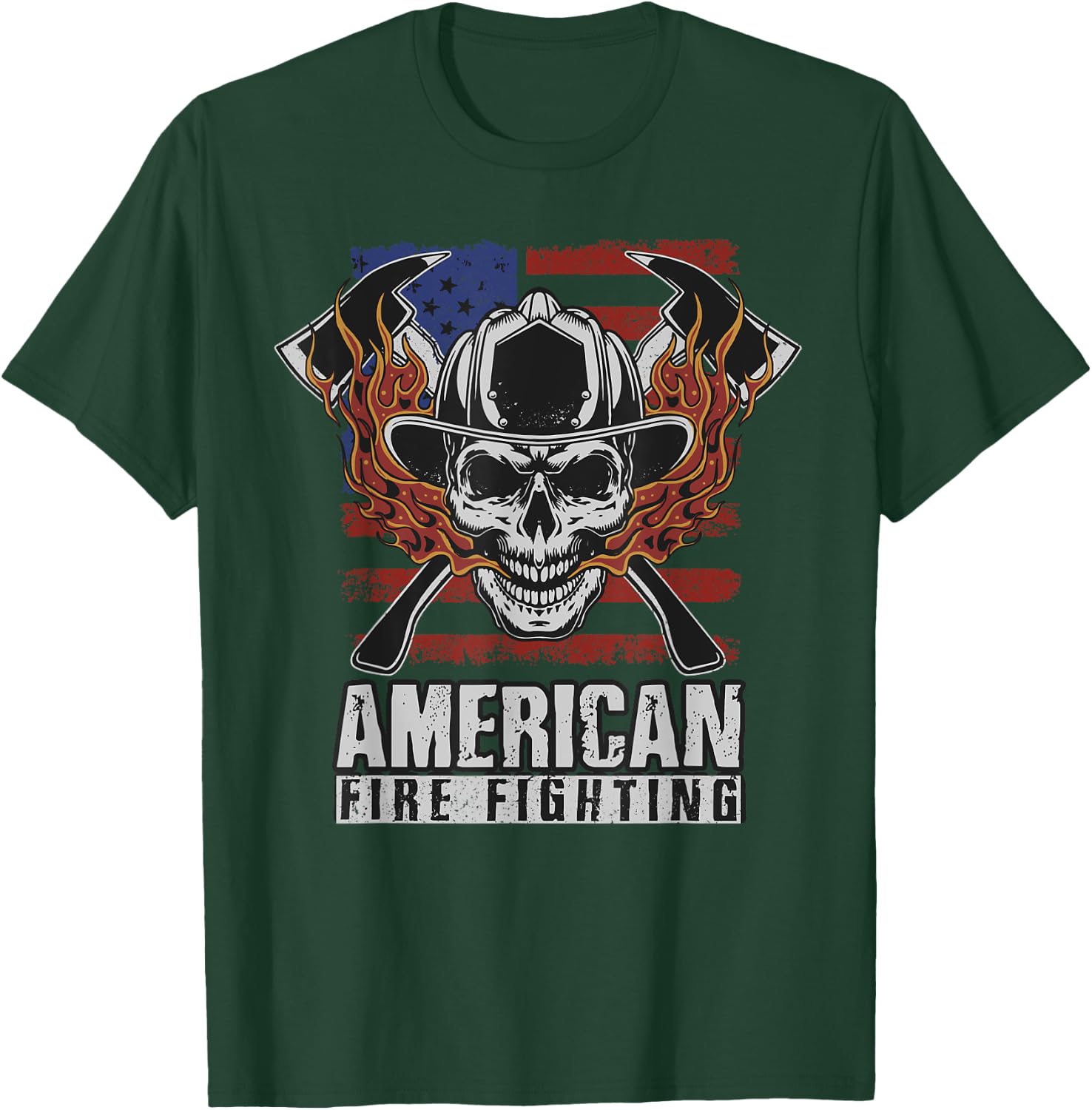 Funny Firefighter Gift Patriotic American Flag Fireman Skull T-Shirt - T-Shirt | Forest