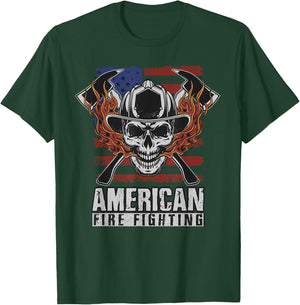 Funny Firefighter Gift Patriotic American Flag Fireman Skull T-Shirt - T-Shirt | Forest