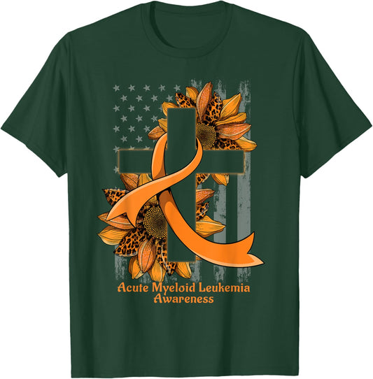 Sunflower Christian Cross Acute Myeloid Leukemia Awareness T-Shirt - T-Shirt | Forest