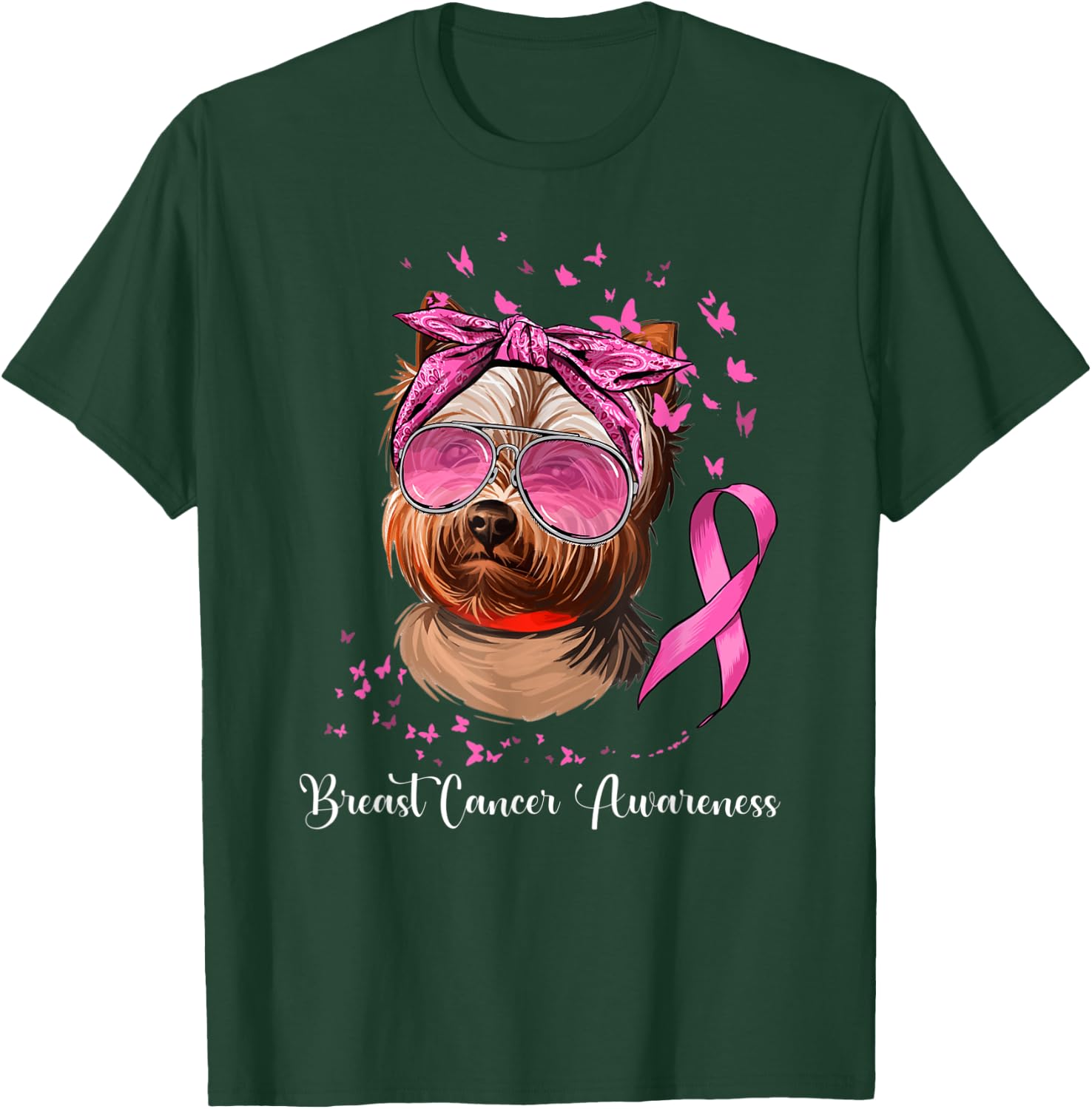 Yorkie Dog Lover Pink Ribbon Breast Cancer Awareness T-Shirt - T-Shirt | Forest
