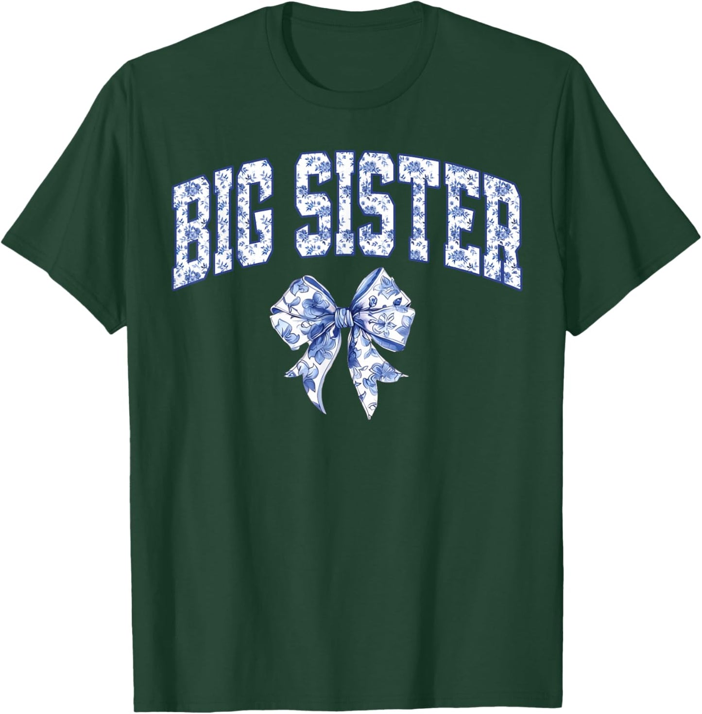 Big Sister Coquette Toile Blue Bow Floral Family Matching T-Shirt - T-Shirt | Forest