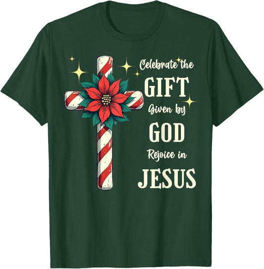 Celebrate Jesus Birth Christian Christmas Candy Cane Cross T-Shirt - T-Shirt | Forest