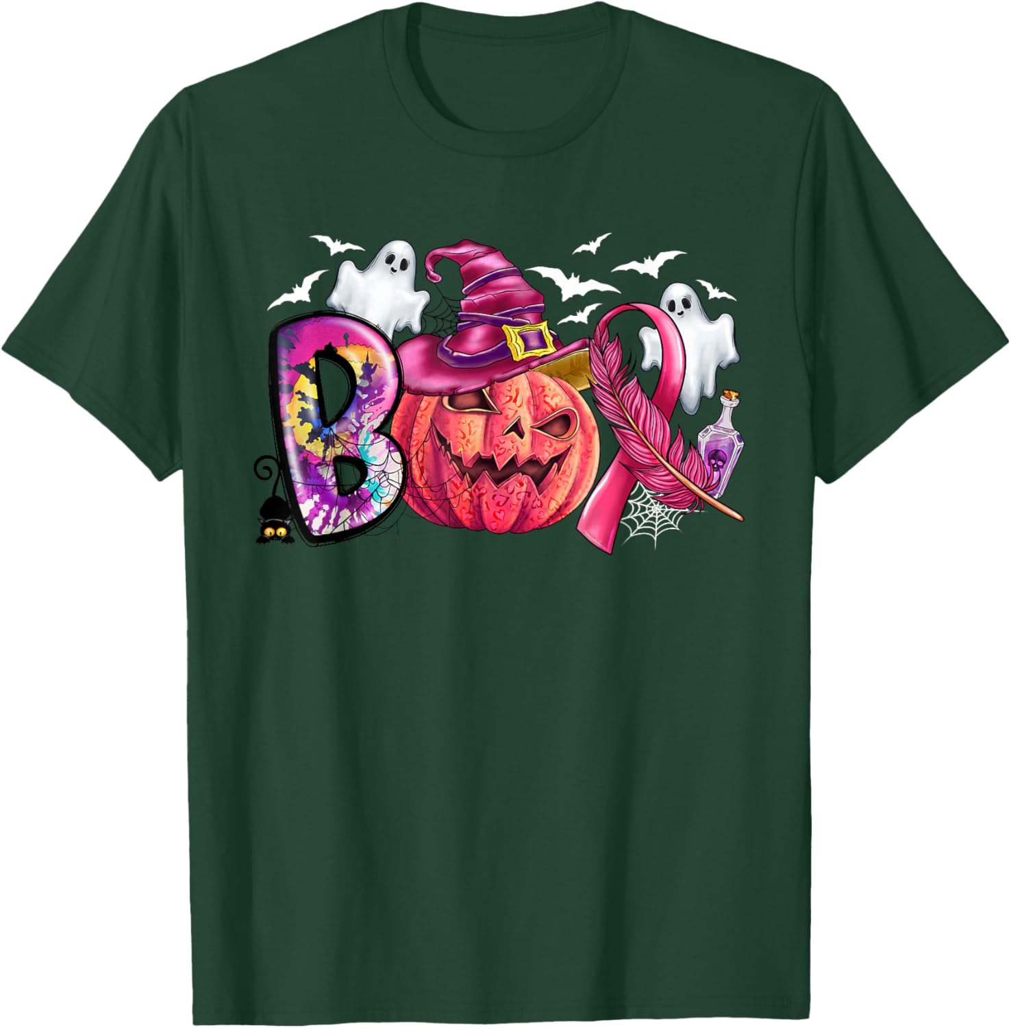 Boo Halloween Pumpkin Pink Ribbon Witch Breast Cancer Ribbon T-Shirt - T-Shirt | Forest