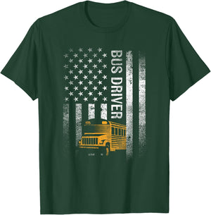 School Bus Driver USA American Flag Funny Bus Driver Gift T-Shirt - T-Shirt | Forest