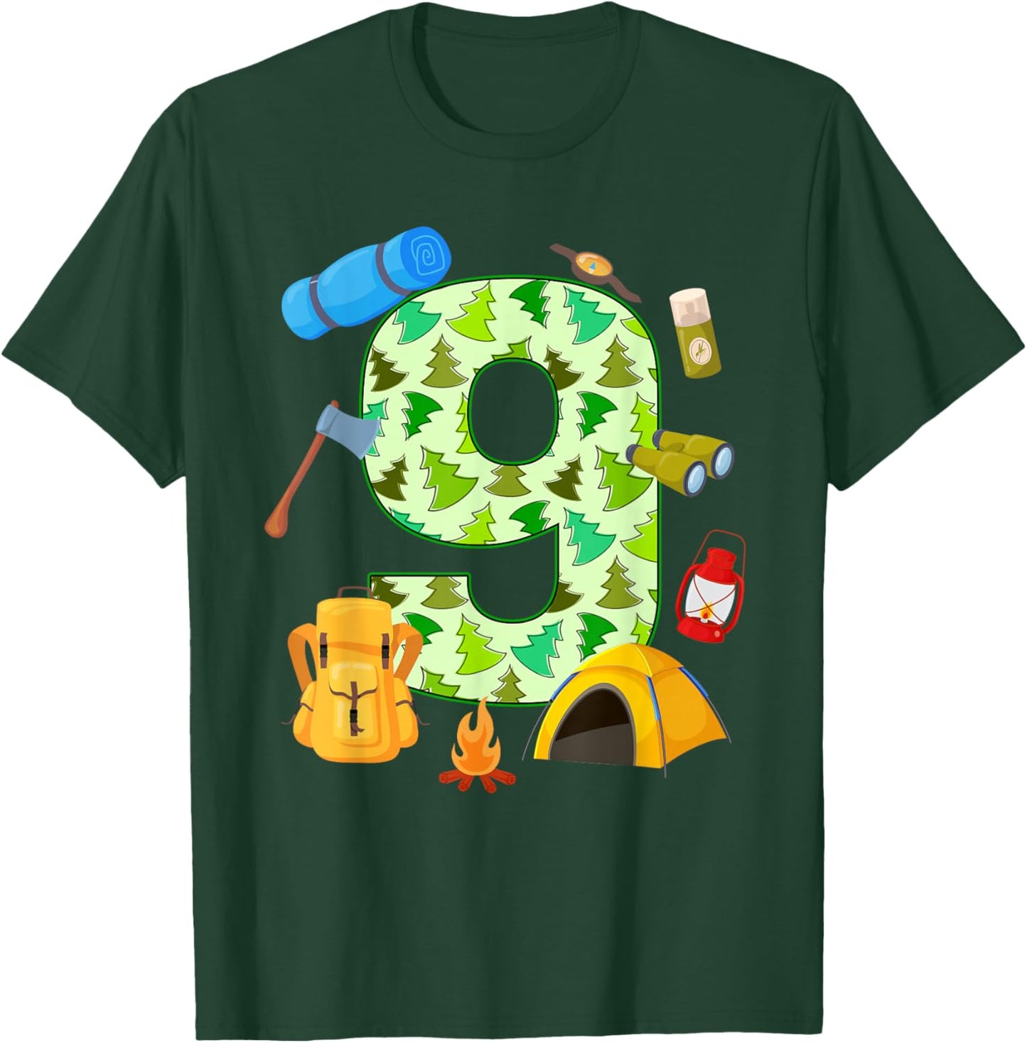 9th Birthday Camping Theme 9 Year Old Birthday Kids T-Shirt - T-Shirt | Forest