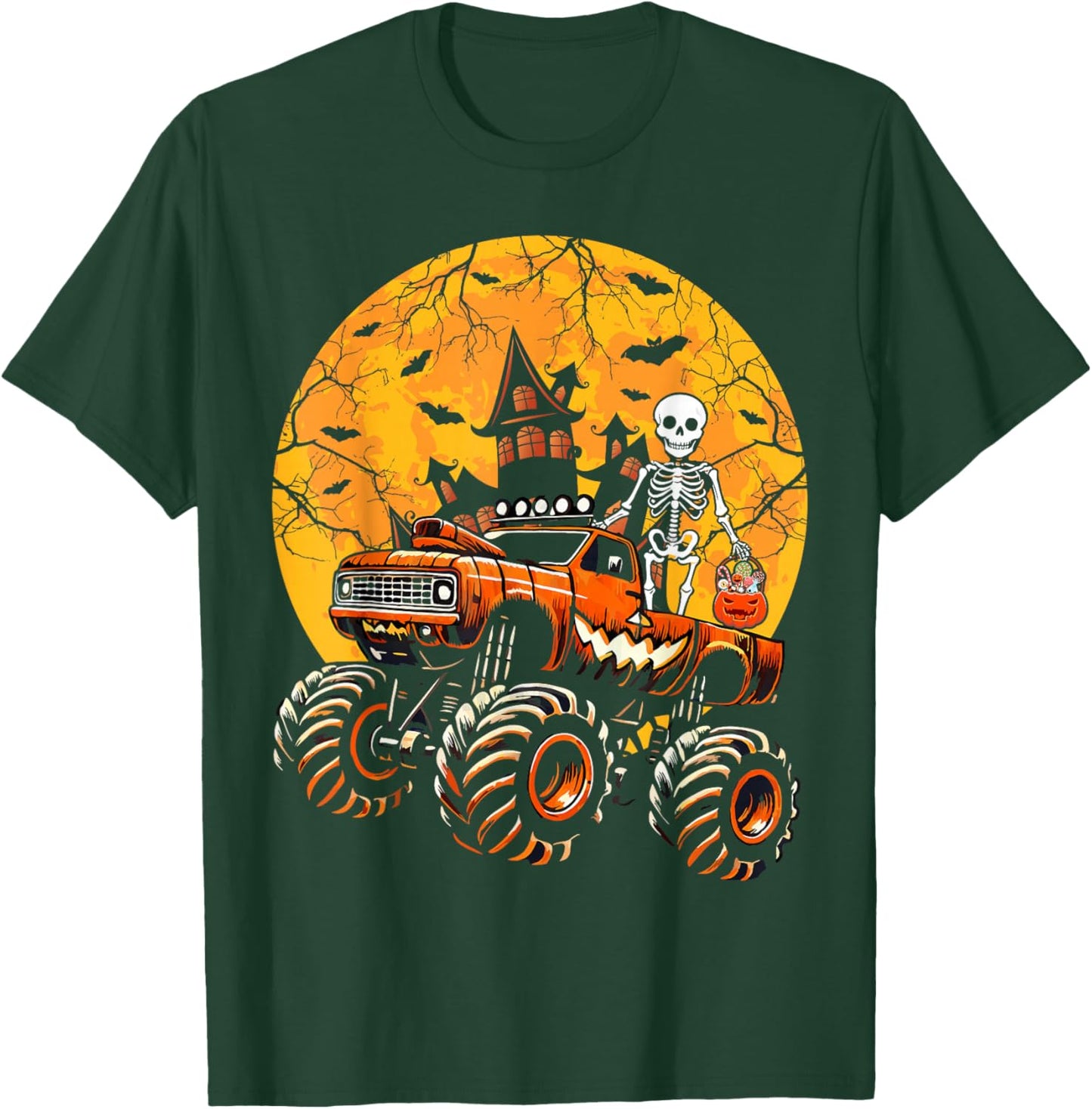 Halloween Skeleton Riding Monster Truck Pumpkin Boys Kids T-Shirt - T-Shirt | Forest