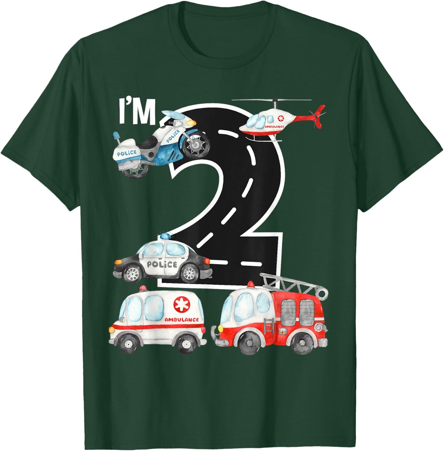 Emergency Vehicles 2nd Birthday Fire Truck Police Car Boys T-Shirt - T-Shirt | Forest
