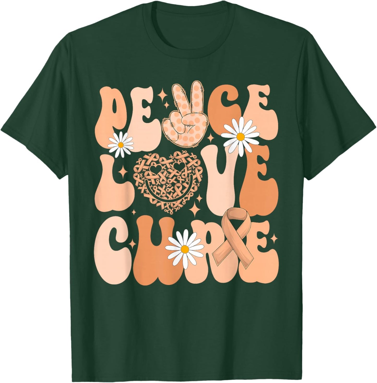 Retro Groovy Peace Love Cure Uterine Cancer Awareness Month T-Shirt - T-Shirt | Forest