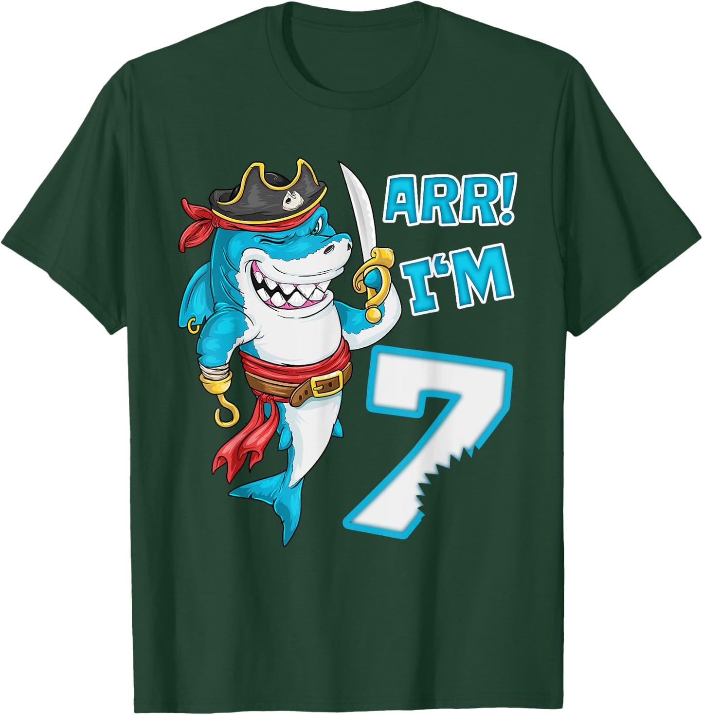 I'm 7 years Bday Shark pirate 7th Birthday boy pirate Party T-Shirt - T-Shirt | Forest