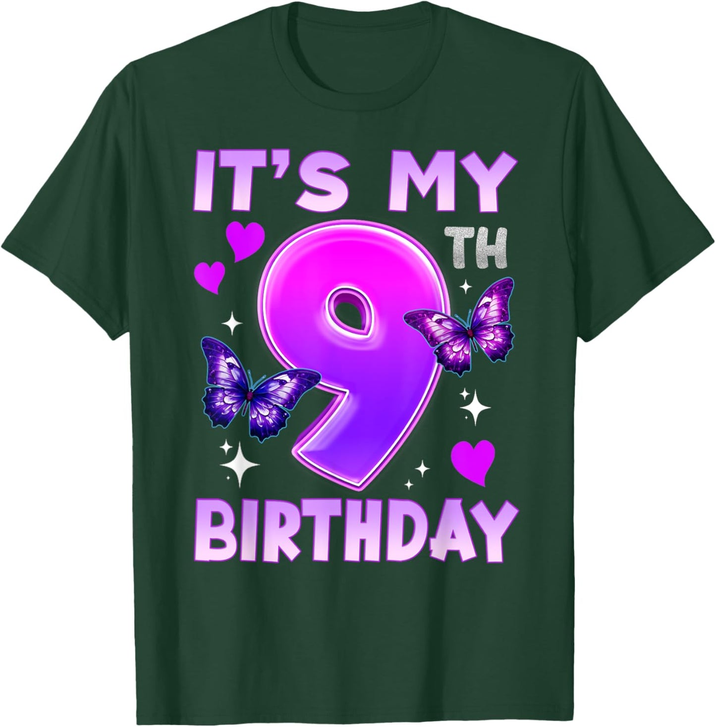 9th Birthday Butterfly Nine Bday 9 Year Old Birthday Girl T-Shirt - T-Shirt | Forest